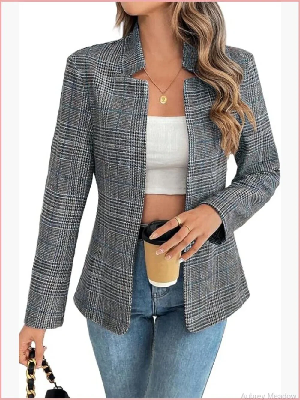 Open Front Plaid Houndstooth Blazer Stand Collar Padded Shoulders Business